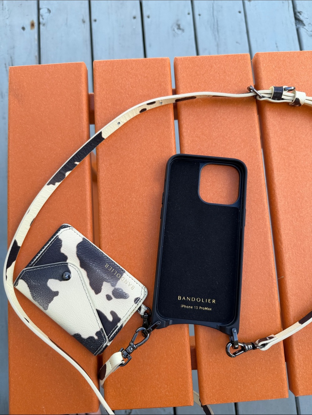 Bandolier Black Case with Cream & Brown Cow Print Strap and Matching Card Wallet
